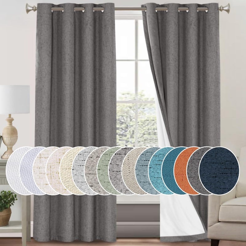PrinceDeco 100% Blackout Linen Curtains 84 inch Long Thermal Insulated Curtains for Winter Grommet Noise Reducing Window Treatment Drapes for Hall Room,52" Wide Per Panel, Set of 2,Grey - Image 1